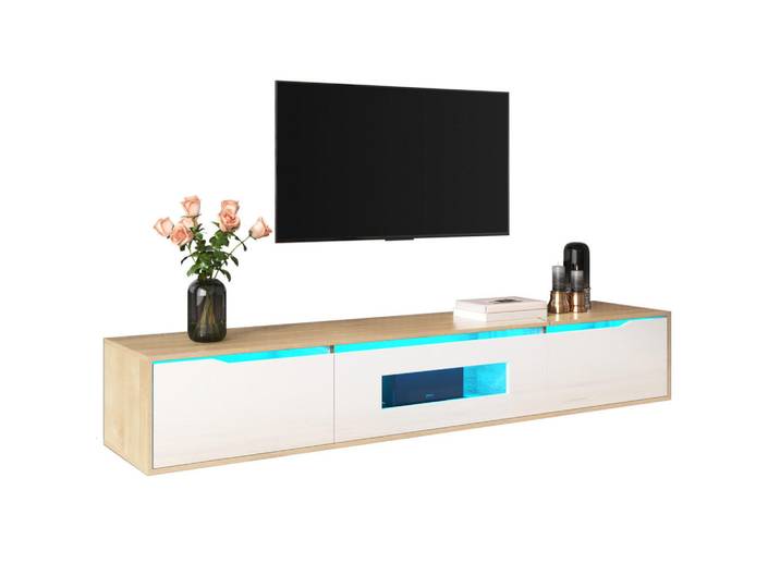 Flieks Tv-Schrank Hochglanzweiß LED Farbwechsel & Holzfarbe, Weiß, 46x17x142 cm, Wohnzimmer, TV Möbel, Lowboards, Lowboards stehend
