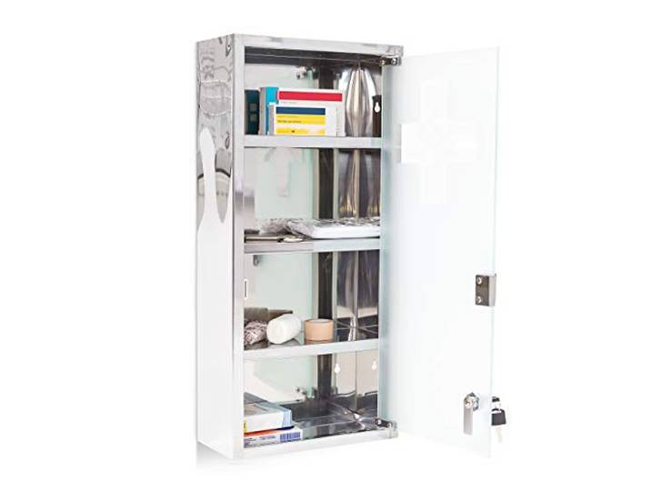 Relaxdays Medizinschrank, HxBxT: 57 x 27 x 12 cm, 4 Ablagen, Metall, Silber Milchglas, abschließbarer Apothekerschrank