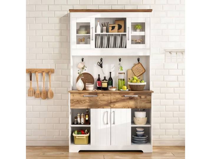 Buffet haut contemporain 106 cm panneaux de particules blanc et naturel 2 portes - Natural White Particle Board 106 x 39 x 176.5