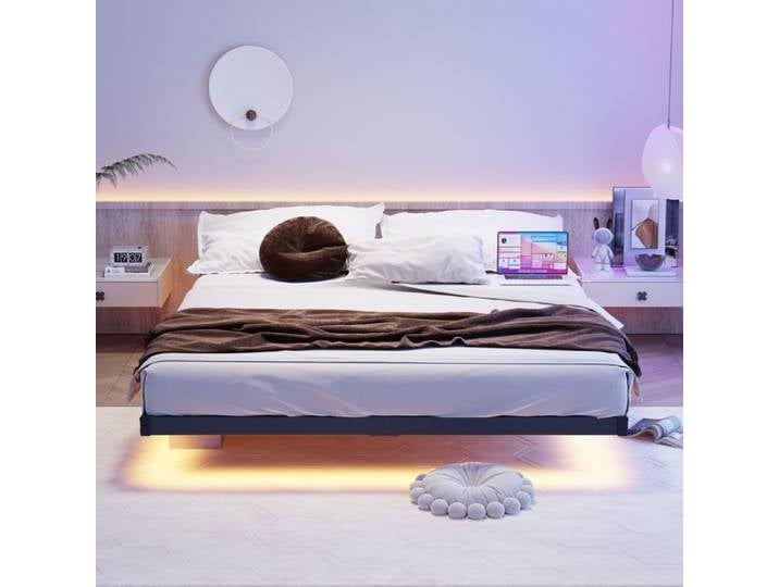 Sommier 140x190 cm effet lit flottant LED station de charge noir