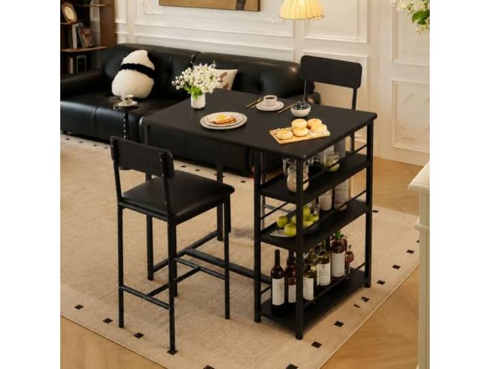 Garvee Bartisch Set 3-teilig, Stehtisch mit 2 Barhockern mit Rückenlehne, Küchentisch mit 3 Ablagen, Esszimmer-Set für Küche und Essbereich, Schwarz