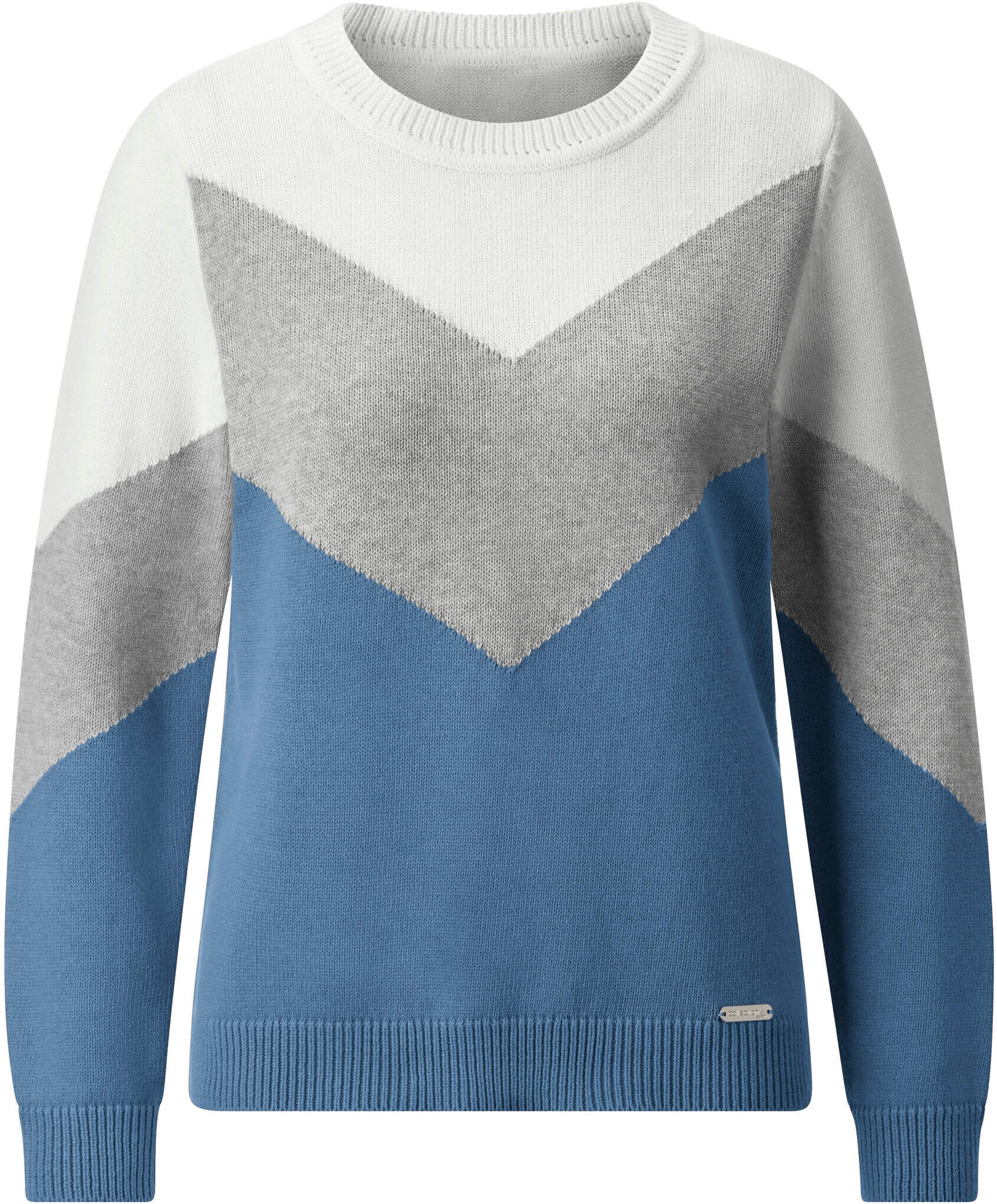 Strickpullover WITT "Pullover Rundhalspullover mit Colour-Blocking", Damen, Gr. 42, mittelblau, hellgrau, meliert, Sportlich, Rundhals, Pullover Strickpullover