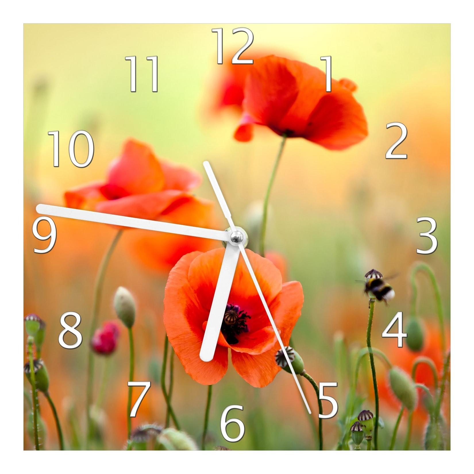 Wallario Uhr 30 x 30 cm, schwarze Zeiger Mohnblumenblüten