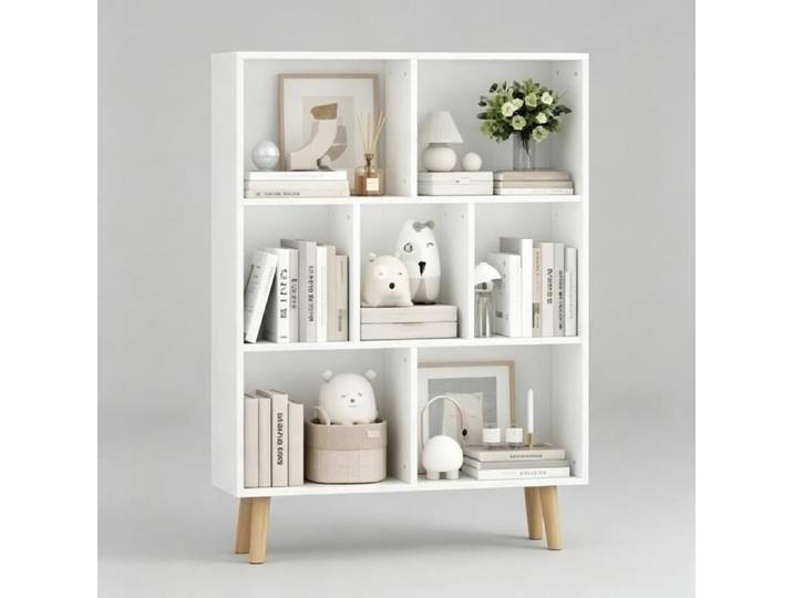 BIBLIOTHÈQUE SIMPLE - HOMEWELL - MEUBLE DE RANGEMENT GRANDE CAPACITÉ - 7 COMPARTIMENTS - 80X24X110CM - BLANC