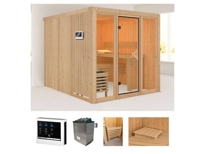 Sauna WELLTIME Artja , beige (natur), Saunaofen, externe Steuerung, 9 kW, Saunen, Sauna, Ofen 9 KW externe Strg easy