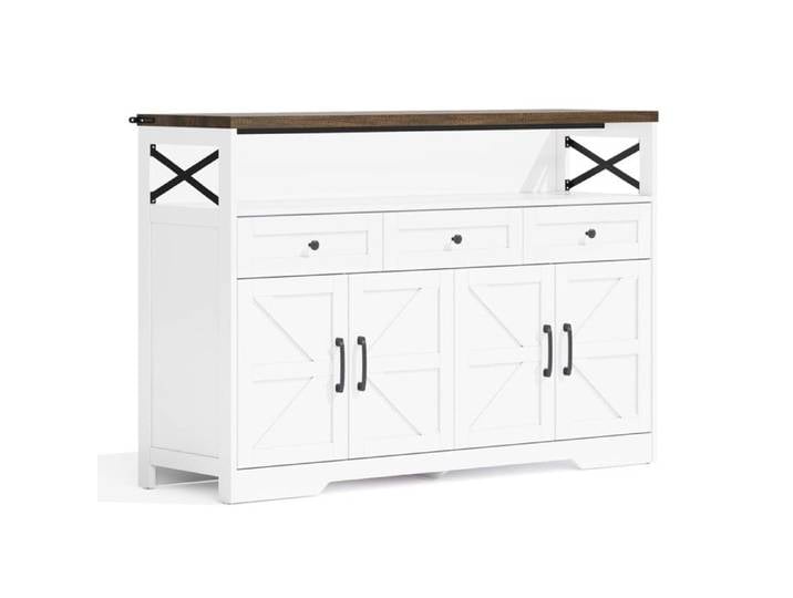 Buffet Bar Café Rustique 140 cm Blanc et Marron 3 Tiroirs avec Portes Étagères Réglables Multifonctionnel
