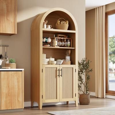 Garvee Arched Pantry Cabinet with Rattan Accent