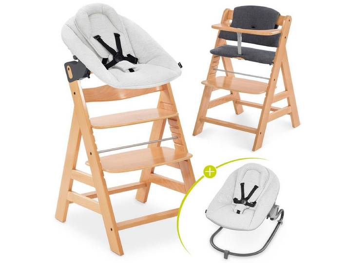 Hauck Hochstuhl Alpha Plus Newborn Set - Natur, Holz Babyhochstuhl ab Geburt inkl. Neugeborenen Aufsatz & Sitzpolster