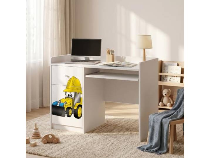 Happy Babies Weißer Kinderschreibtisch mit Schublade und Schrankfach, Schülerschreibtisch für Jungen & Mädchen, PC-Tisch Lerntisch mit Motiv (Nr 32)