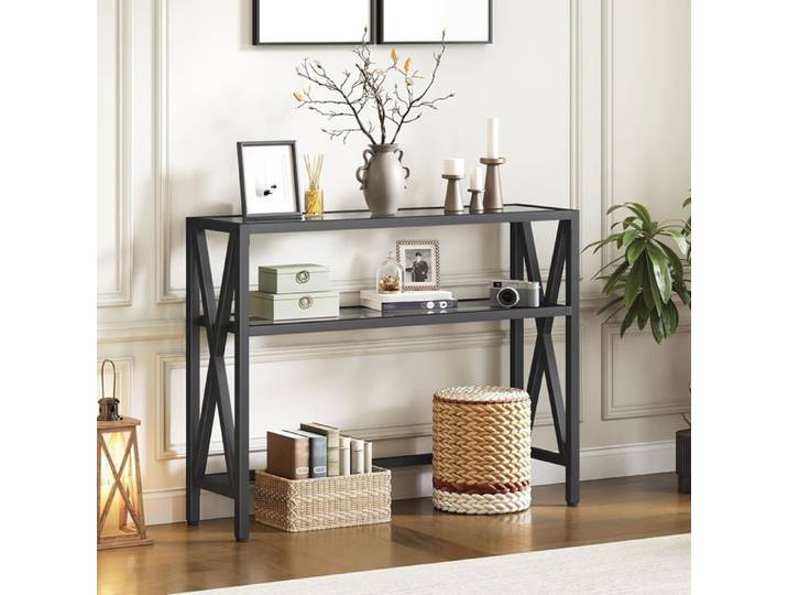 Console Meuble-HOOBRO-Table Console-Table d'Entrée avec 2 Étagères-100 x 25 x 80 cm-Console à Cadre en X-Noir