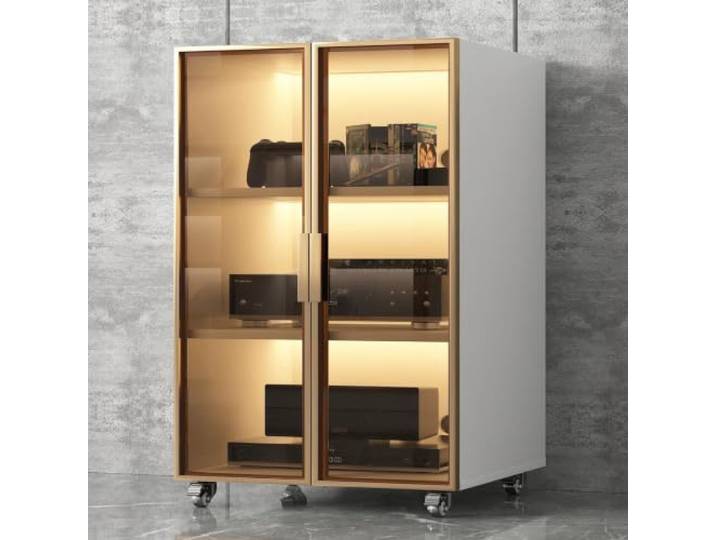LEUBDIBR Audio Rack Schrank mit verstellbaren Regalen und Glastür Audio-Rack, verstellbare Regale, gehärtetes Glas, Medienständer, stabil(White,With Wheel H 102cm/40.2in)