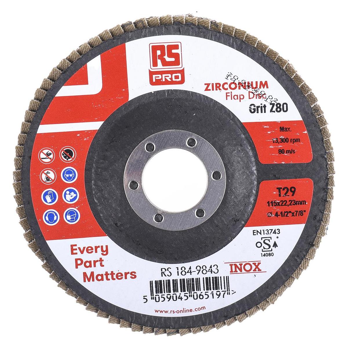 RS PRO Zirkoniumdioxid Lamellenscheibe Ø 115mm, Korngrösse P80 (1849843)