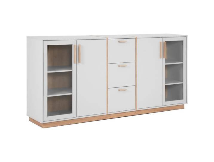 CALICOSY - Buffet 4 portes et 3 Tiroirs Décor Blanc et Bois L204 cm - SPLIT - Gris