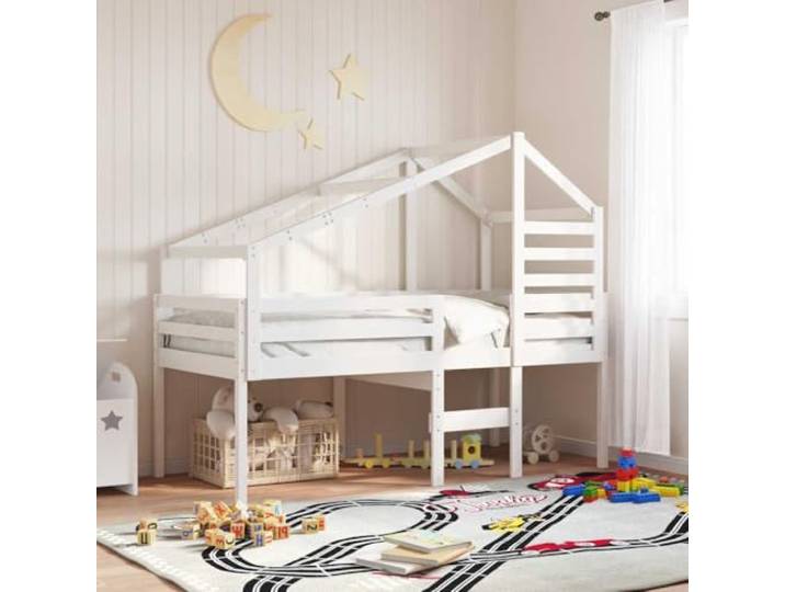 WDGJJFECNMUEHI Massives Kiefernholz Kinderzimmer Hochbett Weiß 90x190 cm Weißes Hochbett mit Dach 90x190 cm Massivholz Kiefer Kinderbett mit Leiter und Geländer für sicheres Schlafen Spielen