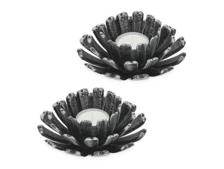 Relaxdays Teelichthalter Silber 2er-Set Blume Gusseisen 6x13,5 cm, Silberfarben, Metall, 6 cm, Dekoration, Kerzen & Kerzenhalter, Teelichthalter