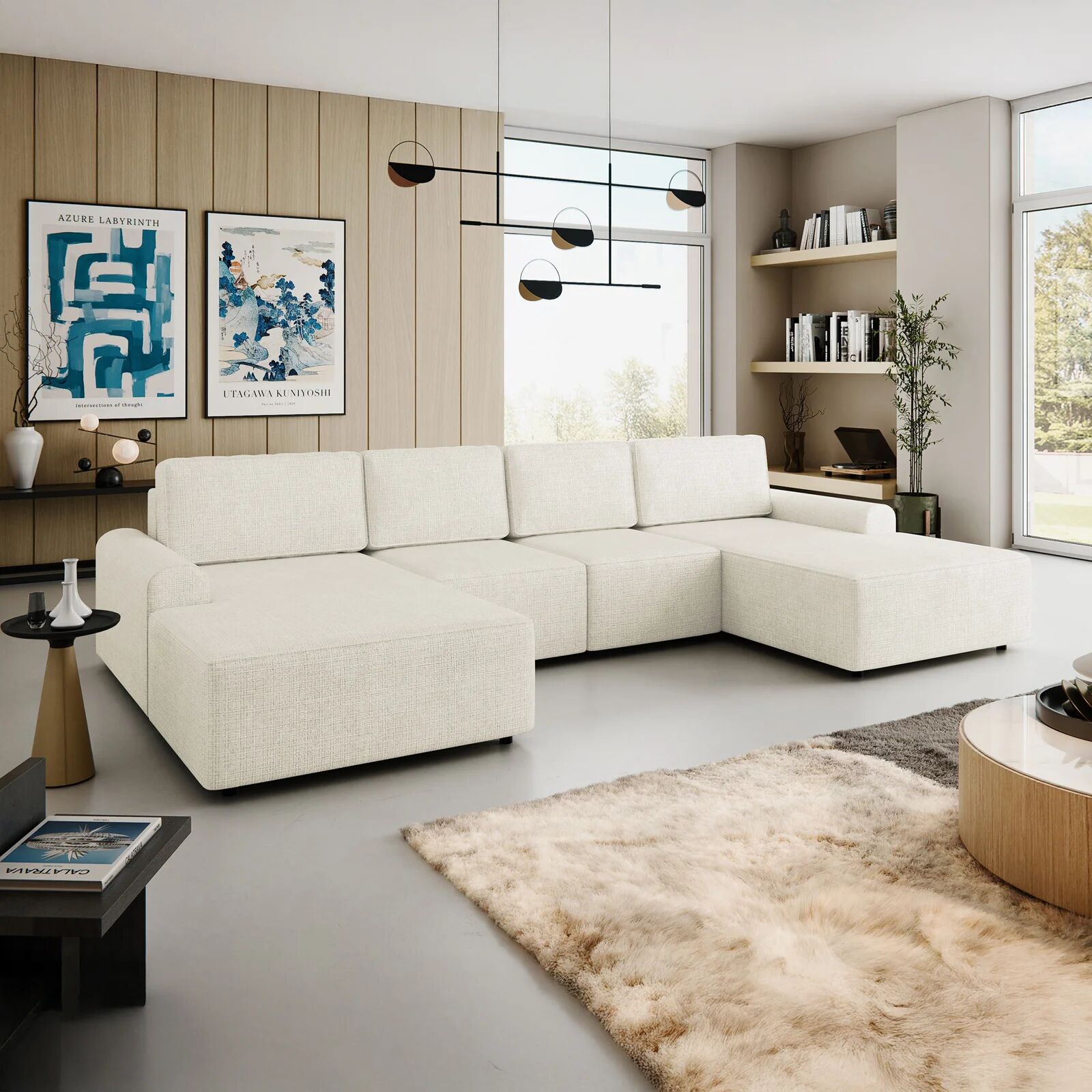 garneroarredamenti Divano letto angolare panoramico 5 posti 338x168 cm con contenitore a trama sottile beige Olivon