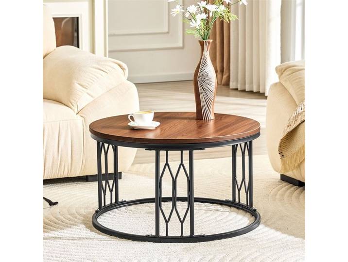 Table basse ronde - 70x70x40.5 cm - Design géométrique moderne chic salon table d'appoint bout de canapé robuste - Noyer