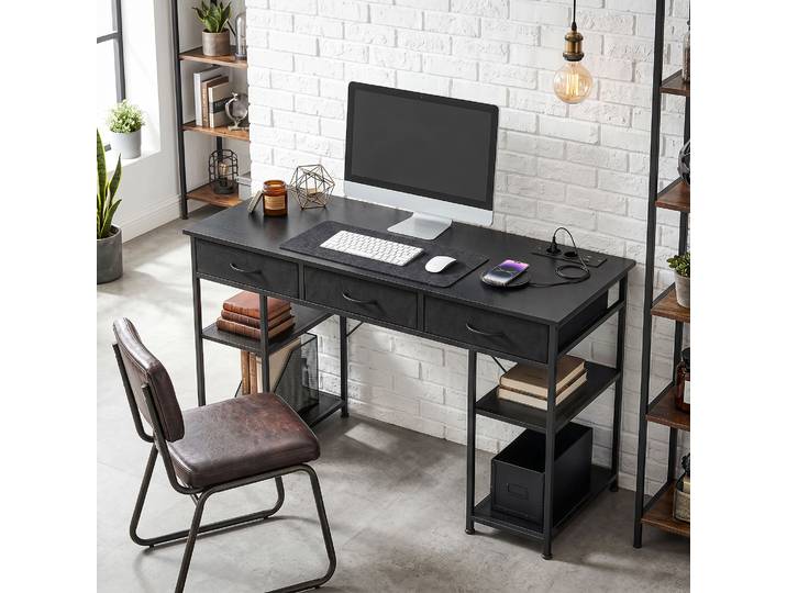HOMCOM Bureau Noir 120x40cm Rangement 3 Tiroirs 4 Étagères Prises
