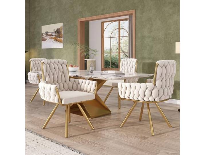 BXEYXE Samt-Esszimmerstuhl. 4er Set. Sessel. einzelner luxuriöser Wohn- und Schlafzimmer-Drehstuhl. Freizeit-Drehstuhl mit Vier Stützbeinen aus Metall. beige