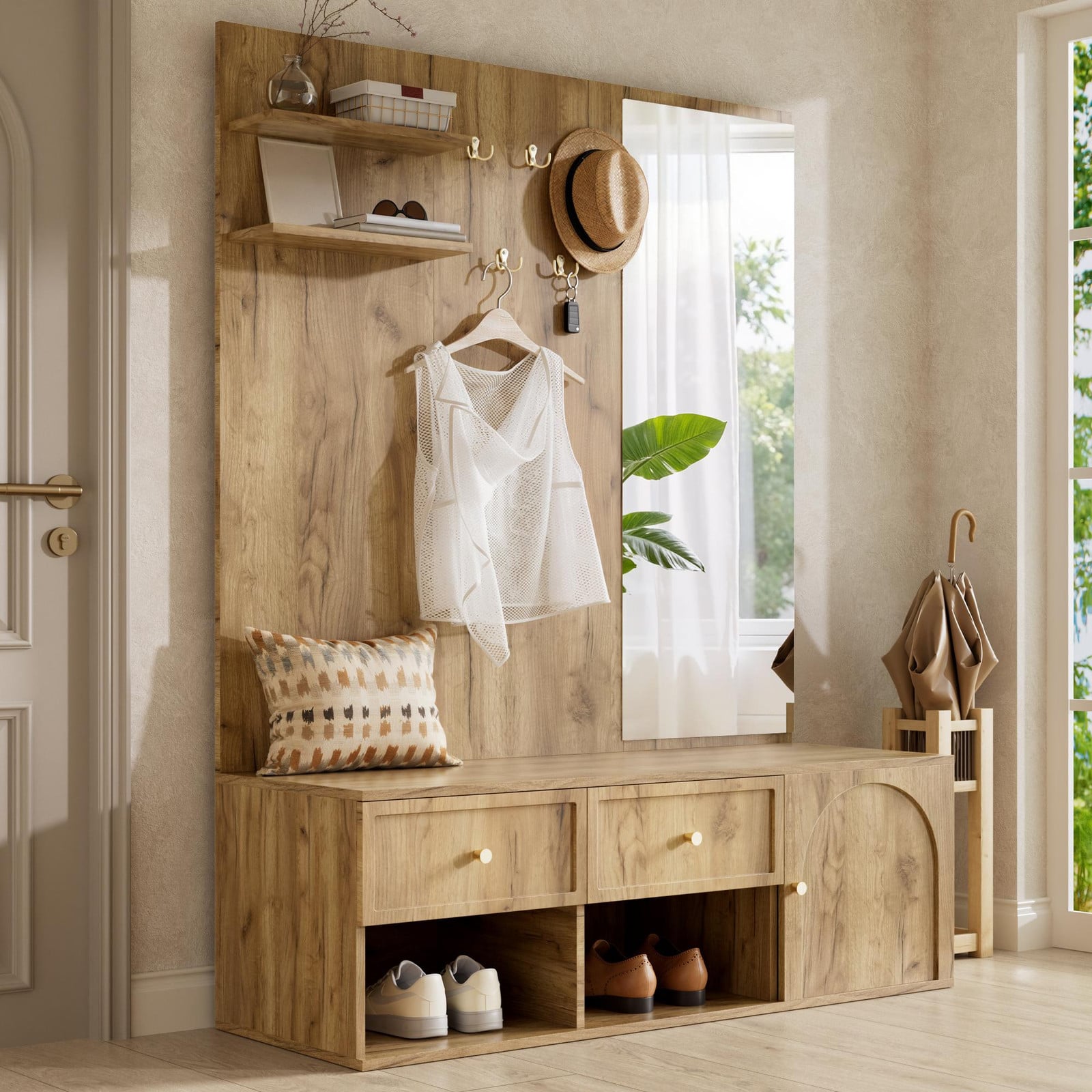 OKWISH Moderne entreekast met spiegel, zitbank, lades en haken in natuurlijke houtlook
