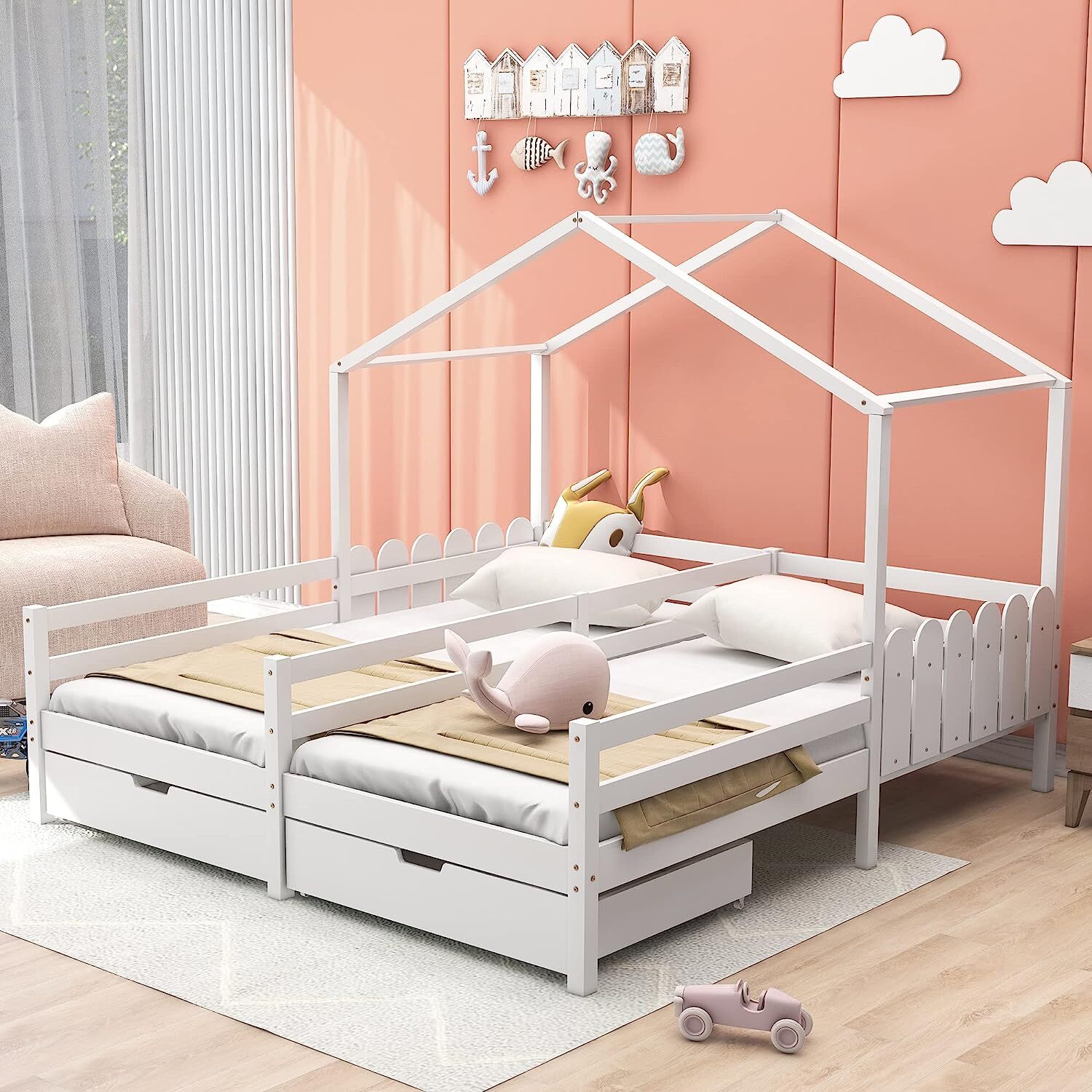 Fortuna Lai Hausbett 90x200 cm mit 2 Schubladen, für 2 Kinder Doppelbett, Vielseitiges Holz Baumhausbett für Mädchen & Jungen, Stabil Spielbett Gitterbett mit Rausfallschutz und Lattenrost, Weiß