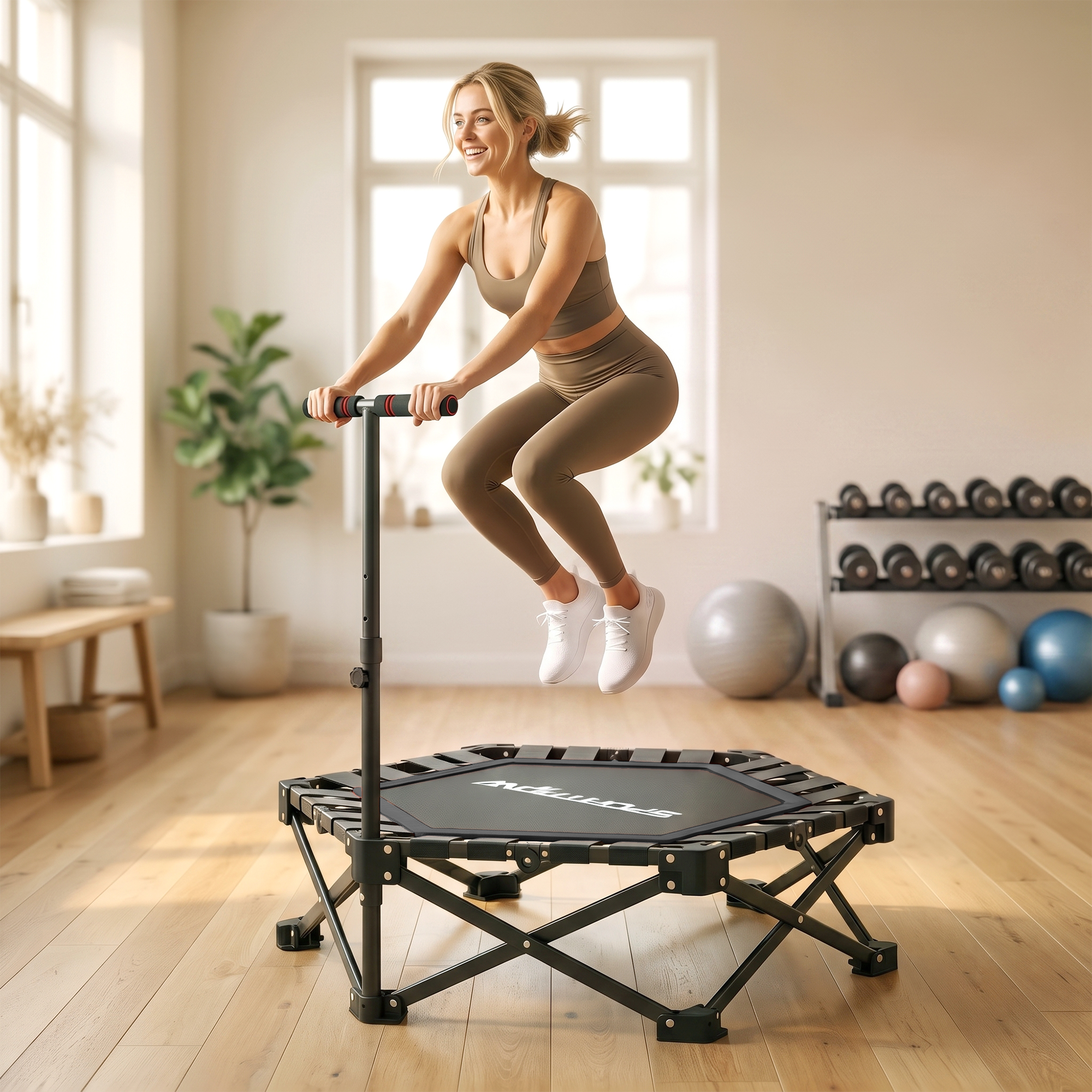 Sportnow Trampolino Elastico per Adulti Ø104cm Richiudibile, con Sistema di Apertura Chiusura in un solo Gesto, Maniglia Regolabile e 24 Molle Bungee, Nero   Aosom Italy