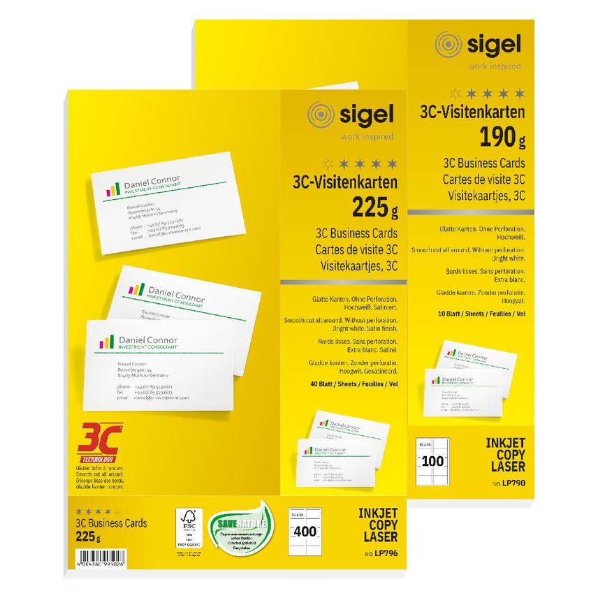 Sigel Visitenkarten 3C (A4, 400 Blätter, 225 g/m²) (LP799)