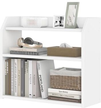 Costway 3-Tier Desktop Bookshelf Wooden Countertop Bookcase with Raised Top Guardrails-White