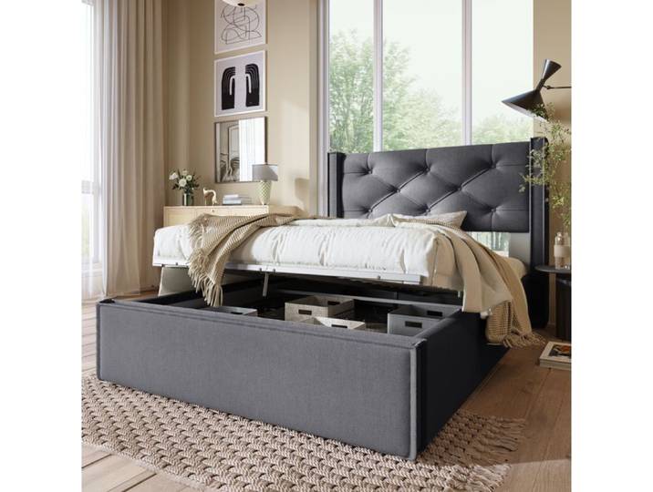 Lit rembourré avec coffre 90 x 200 cm tête de lit rétro gris
