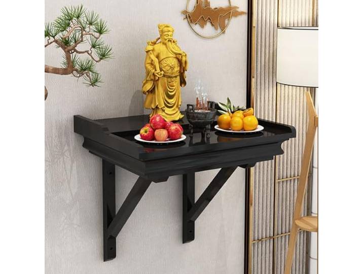 AANNAA An der Wand montiertes buddhistisches Altarregal aus massivem Holz for den Heimgottesdienst, Schrank „Gott des Reichtums“, Schreintisch(Black,Large)