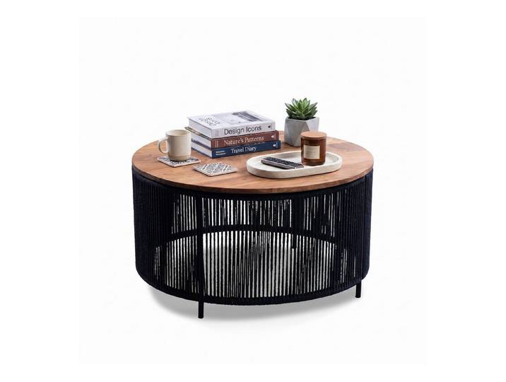 bv-vertrieb Couchtisch Couchtisch Ø 75cm Sofatisch Platte Akazie massiv Metallgestell #4554, Schwarzes Metallgestell mit Baumwollkordel