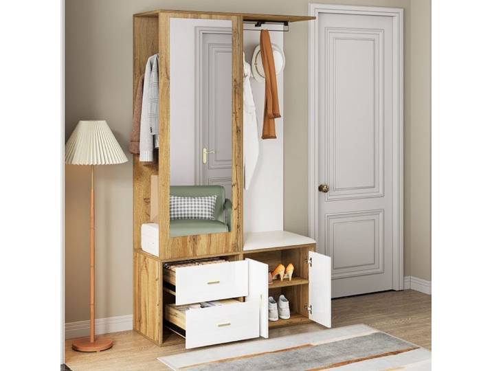 Porte manteau miroir + meuble à chaussures+ tringle à vêtements rétractable blanc