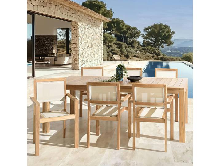Ensemble de jardin extérieur table rectangle en teck 6 fauteuils ALERIA