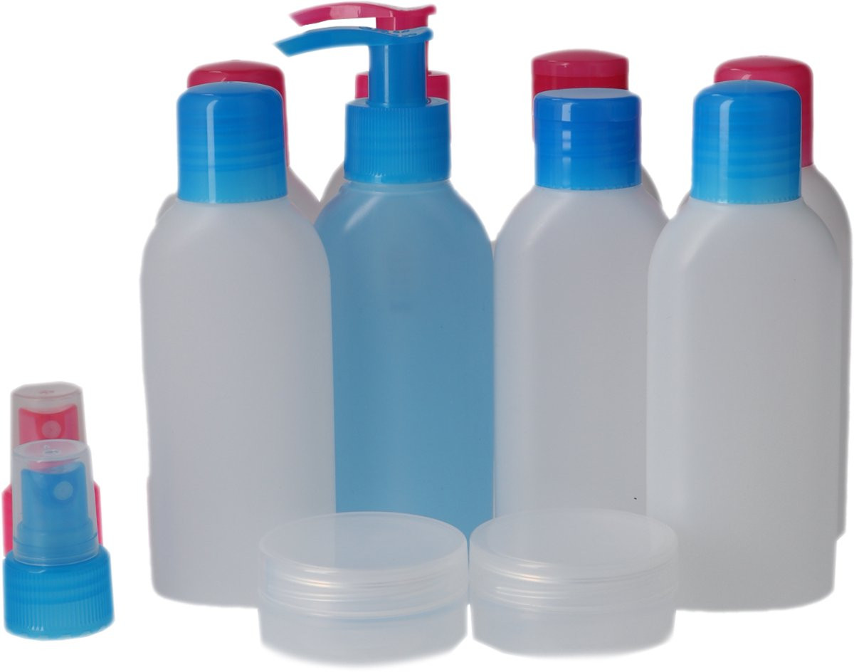 Set van 12 navulbare reisflesjes BPA-vrij kunststof in Ocean Blue en Pretty Pink