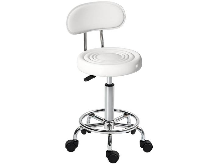 Homcom Tabouret Giroir avec Dossier et Roues Chaise Réglable pour Salon de Beauté Studio de Tatouage 32X40X70-86Cm Blanc
