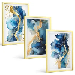 BILDER SET 3er Set - 40x60 cm Goldrahmen - Blaue abstrakte Muster
