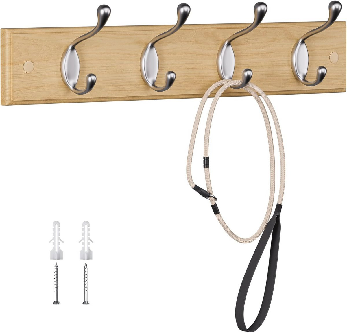 Moderne houten wandkapstok met 4 haken voor jassen en accessoires, Breedte: 40 cm