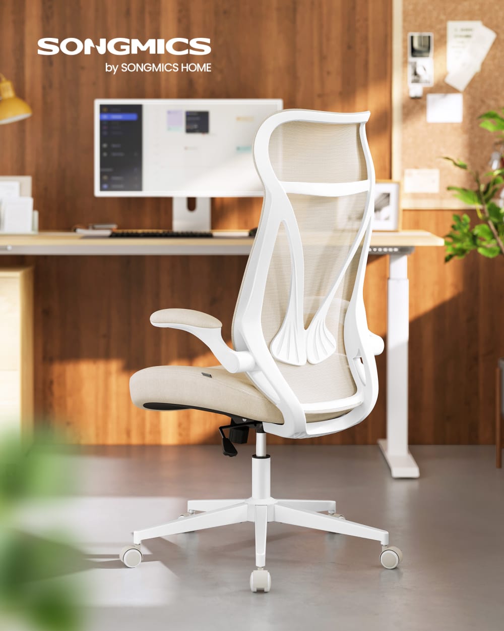 SONGMICS Fauteuil de bureau dossier ergonomique accoudoirs relevables beige Beige 71x119x71cm
