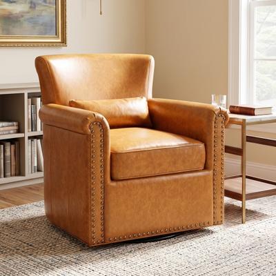 Swivel Accent Chair PU Upholstered Club Chair with Rolled Arm, Sewn Pillow Back and Nailhead Trim Metal Base