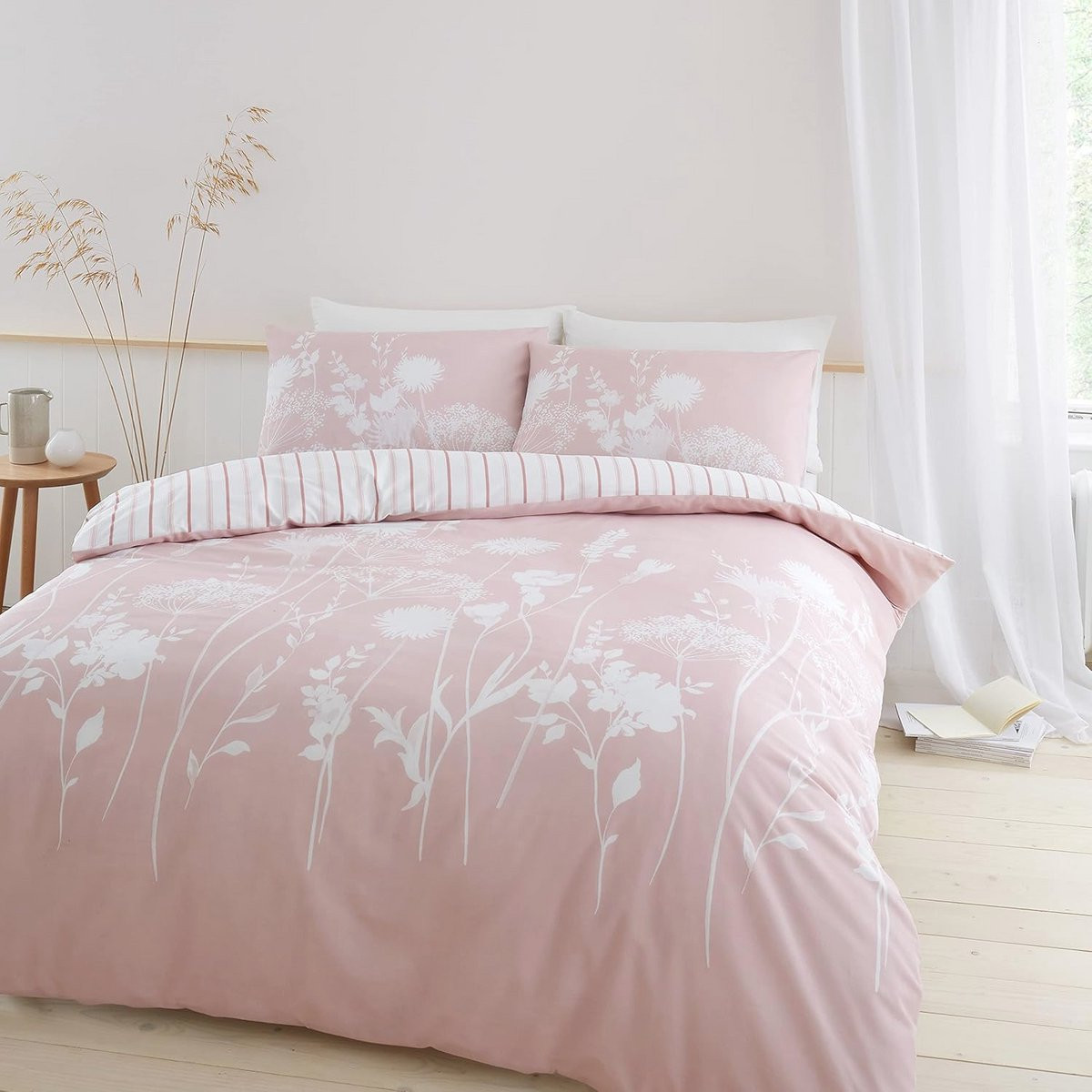 Omkeerbaar Dubbel Dekbedovertrek Set met Bloemen in Blush Roze