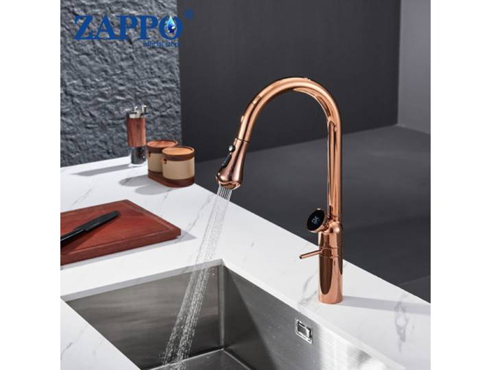 ZAPPO 3 Modes robinet de cuisine or Rose 360 pivotant tirer vers le bas robinets d'évier LED affichage de la température robinet mitigeur chaud-froid à arc élevé