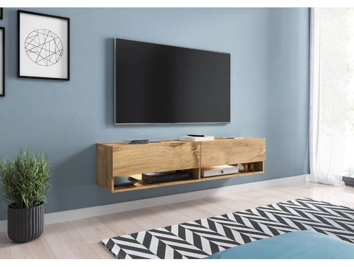 Bratex - Meuble Tv Lowboard A 140 Cm\, Meuble Tv Avec Éclairage Led\, Deux Étagères\, Couleur Wotan
