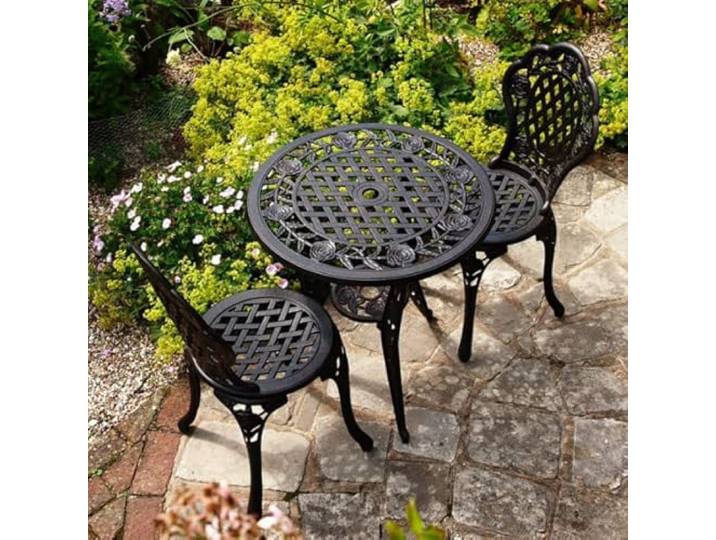 Lazy Susan 65 cm Runder Rose Bistrotisch in Antik Bronze mit 2 Rose Bistrostühlen Nachhaltiges Sandguss-Aluminium Wetterfest Rostfrei Wartungsarm 3 Jahre Garantie