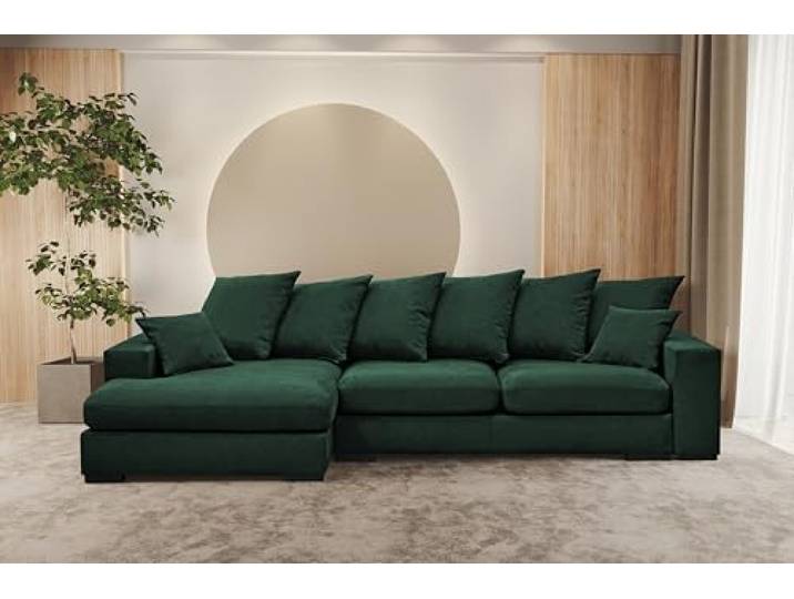 Kaiser Möbel - Ecksofa mit Schlaffunktion und Bettkasten, Wohnlandschaft L-Form, Schlafsofa, Klappsofa, Bequemes Couch mit Ottomane für Wohnzimmer, Relaxsofa, Riviera Stoff, Gabon, Grün, Links