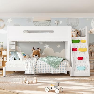 GREATPLANINC Solid Wood Bunk Bed with Climbing Wall Wardrobe Full-Length Guardrails