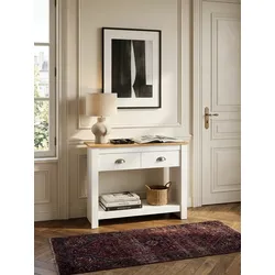 Konsolentisch – Weiß/Eiche, 85x35x76 cm, schmal, mit Schubladen und Stauraum
