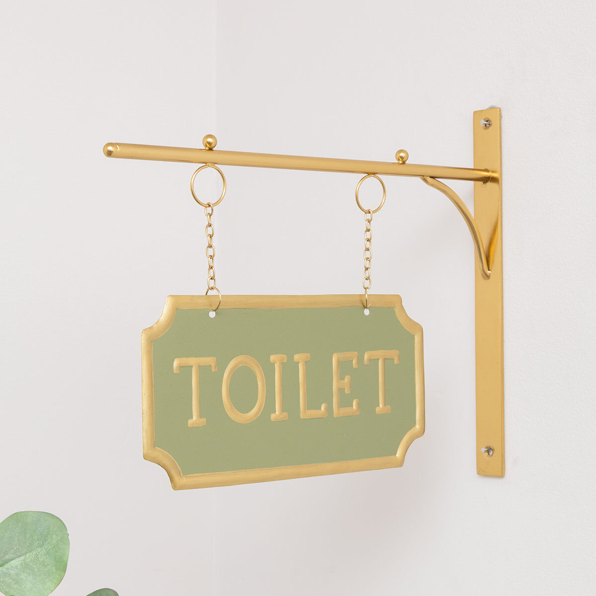 Gold and Sage Green Metal Wall Mounted Hanging Toilet Sign Metal