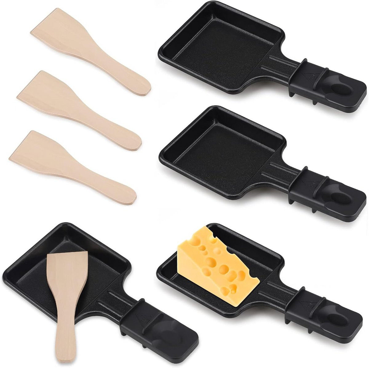 Mini Raclette Set met Antiaanbaklaag - 4-delige Pannenkoekenpannen en Houten Scheppen