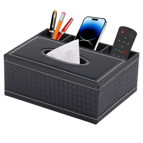 Zwarte PU lederen tissue box en afstandsbediening houder met open weave design