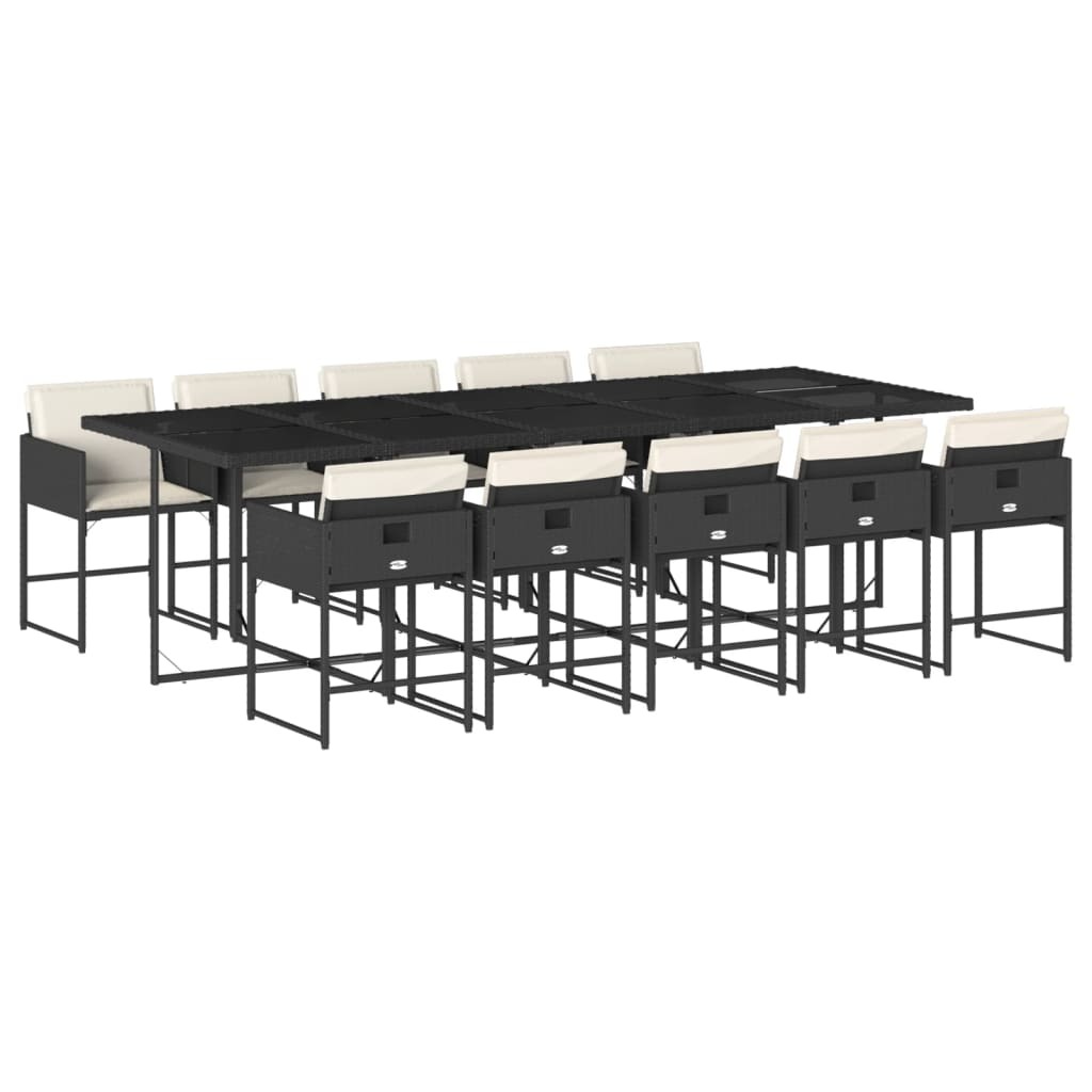 Garten Essgruppe 11-teilig, für Außenbereich, Poly Rattan & Hartglas, platzsparend stapelbar, mit 10 cremeweißen Kissen, Schwarz